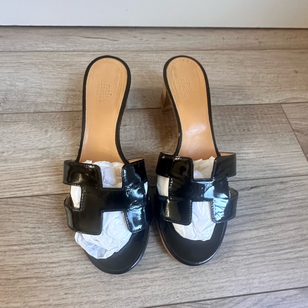Hermes Black Patent Oran H Slide Sandals